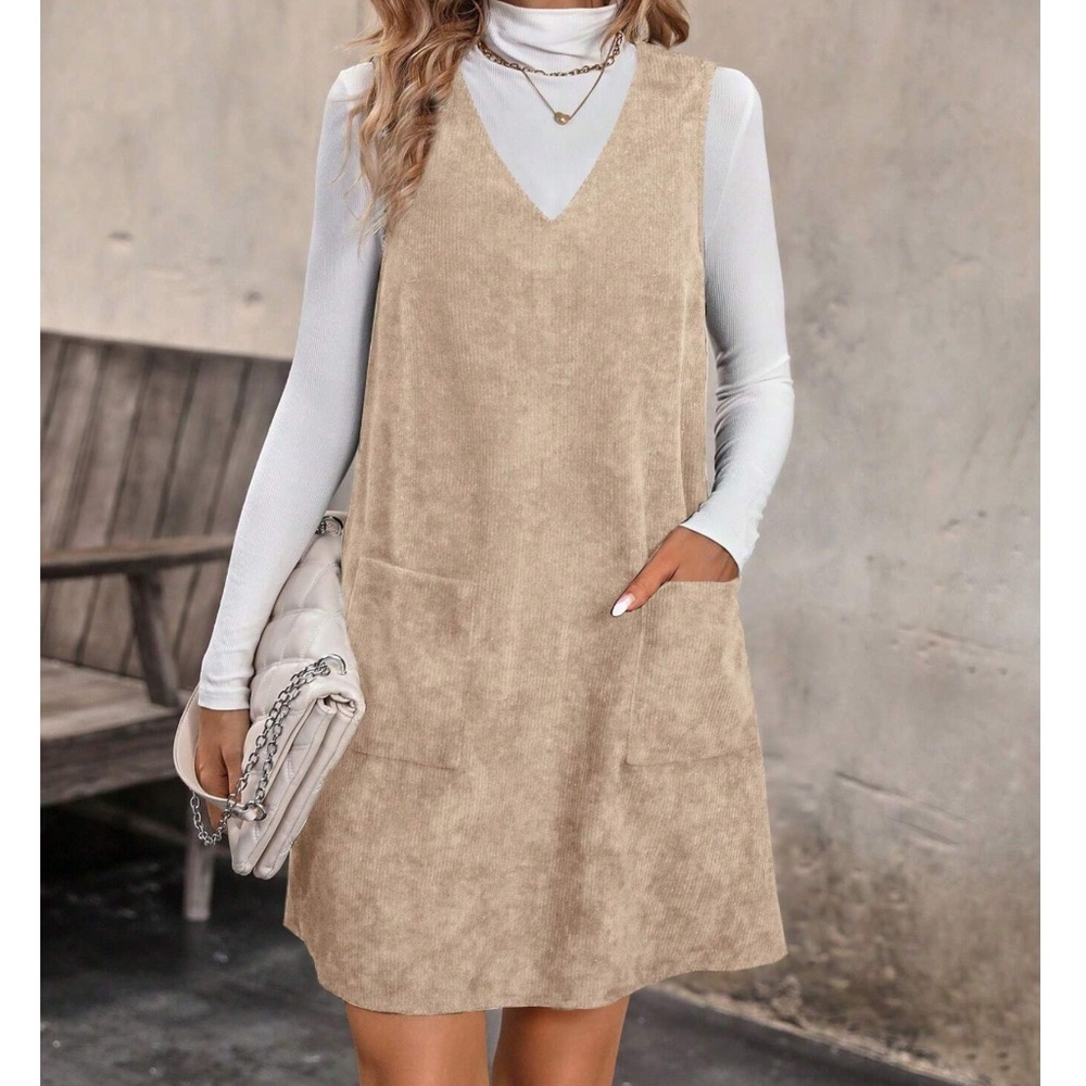 Solid Corduroy Pockets V neck Mini Dress - Picture 2 of 8